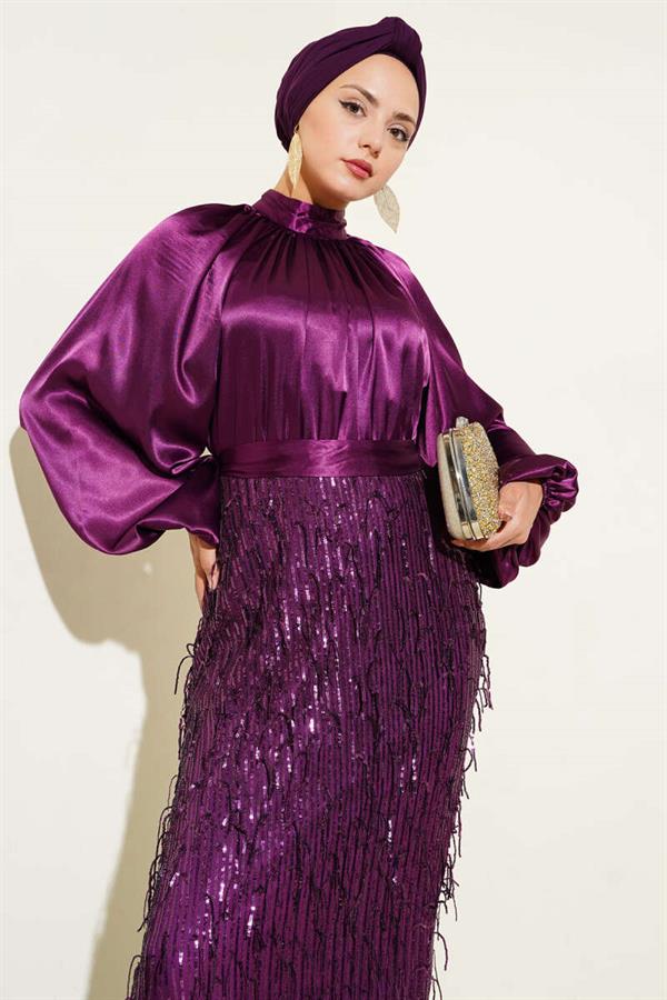 Belted Sequined Evening Dress Plum