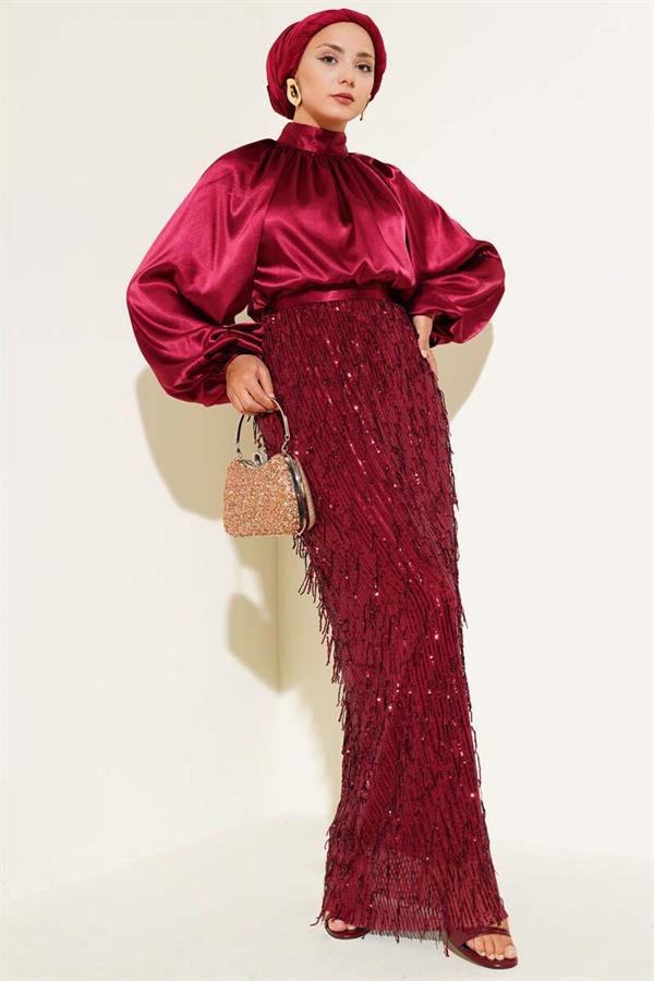 Belted Sequined Dress Burgundy