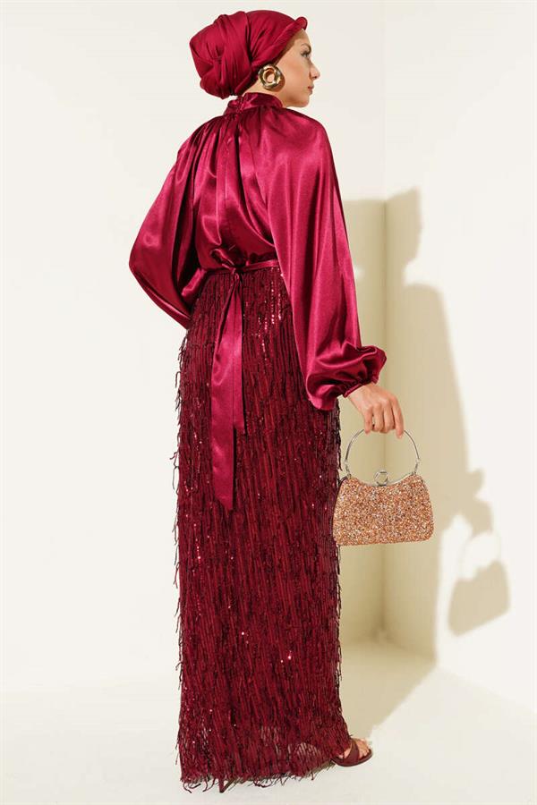 Belted Sequined Dress Burgundy