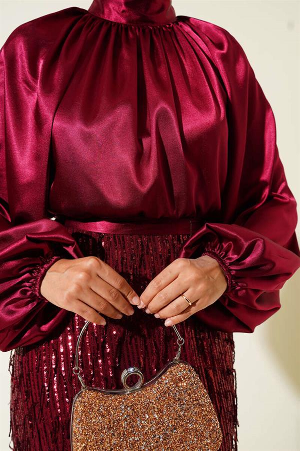 Belted Sequined Dress Burgundy