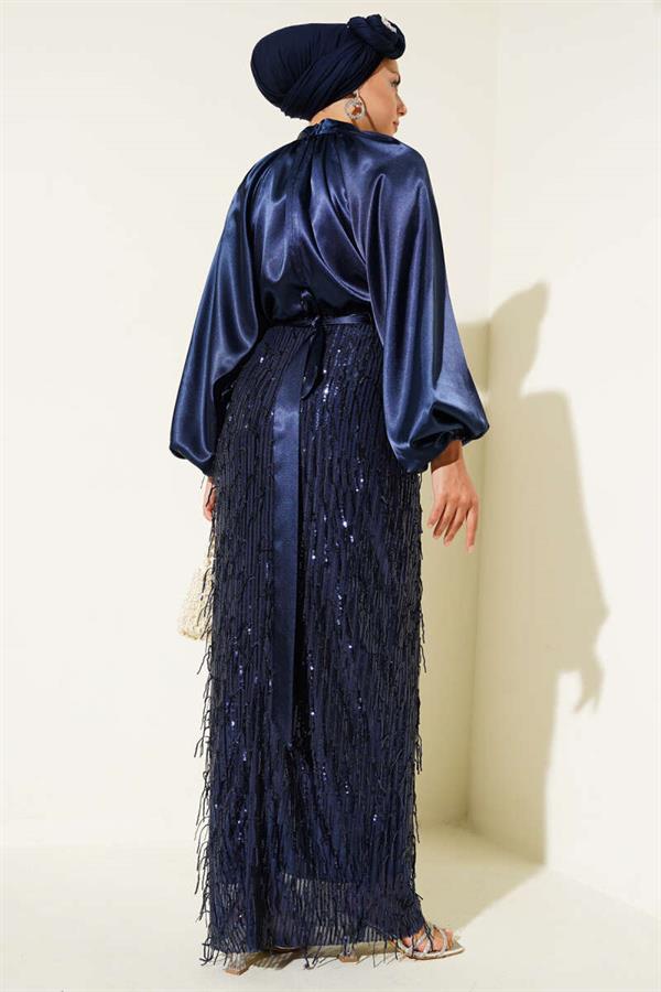 Belted Sequined Dress Navy Blue