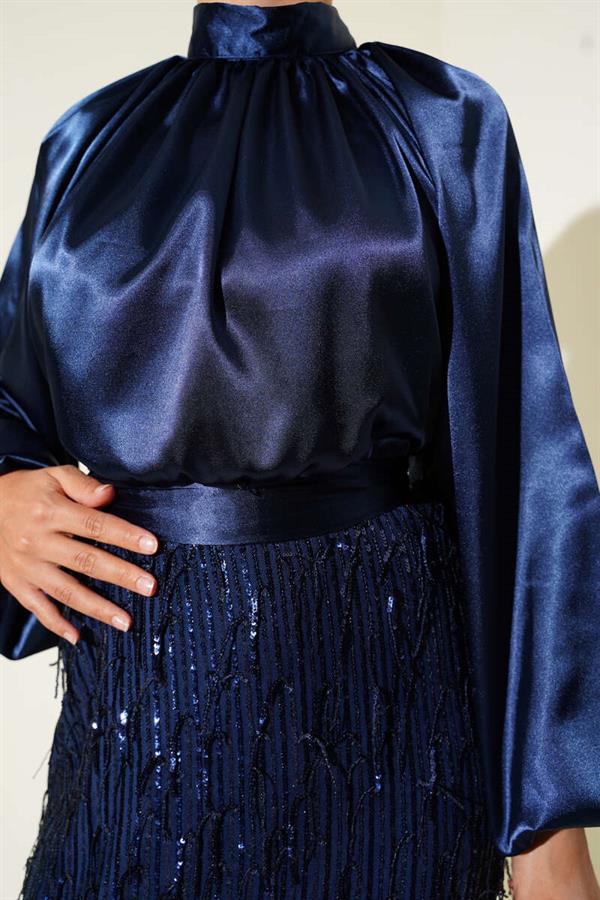 Belted Sequined Dress Navy Blue