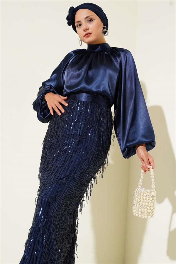 Belted Sequined Dress Navy Blue
