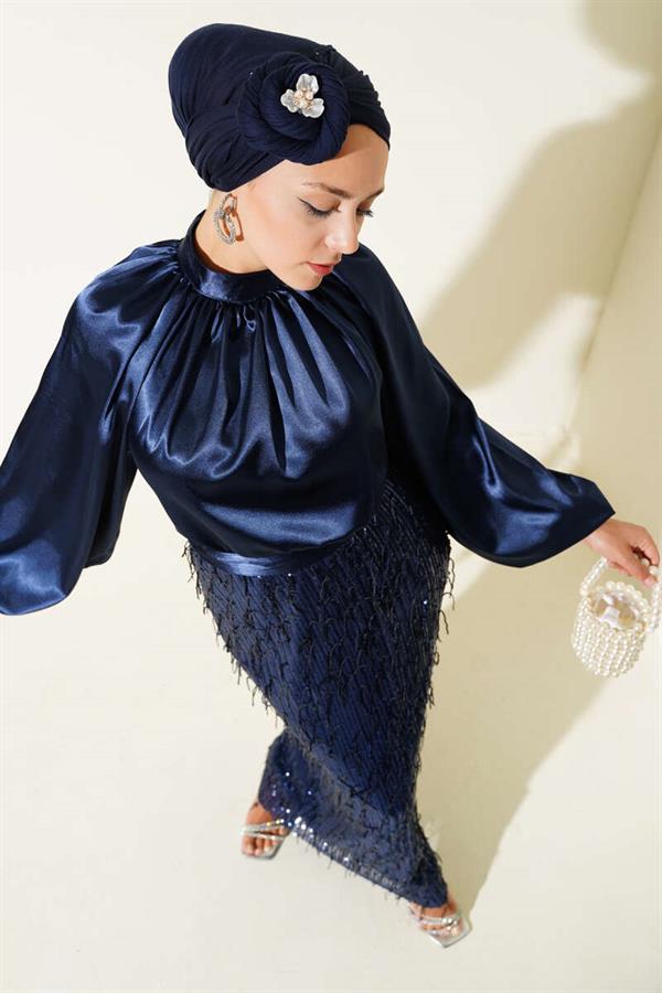 Belted Sequined Dress Navy Blue