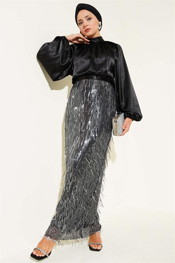 Belted Sequined Dress Black Silver