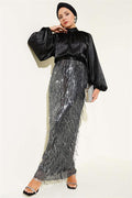 Belted Sequined Dress Black Silver