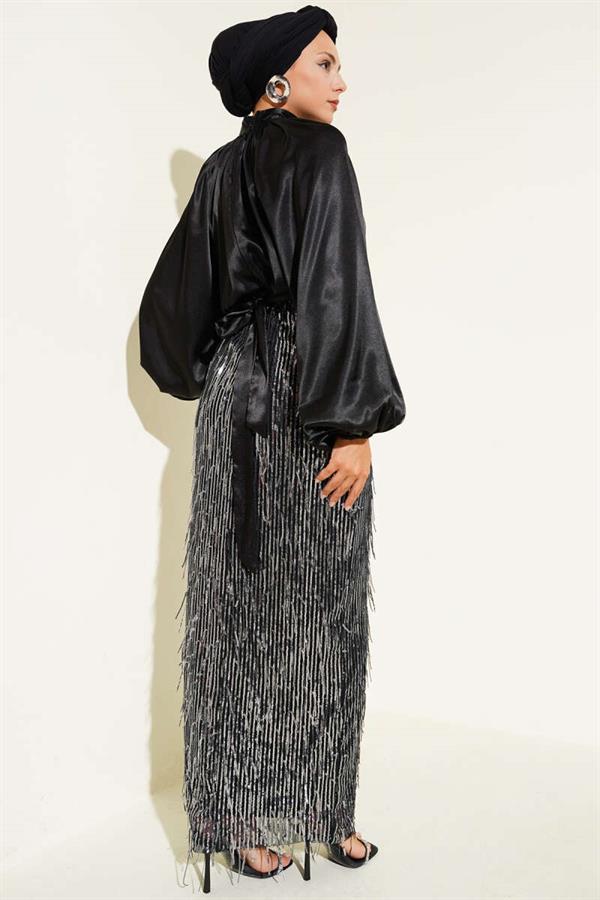 Belted Sequined Dress Black Silver
