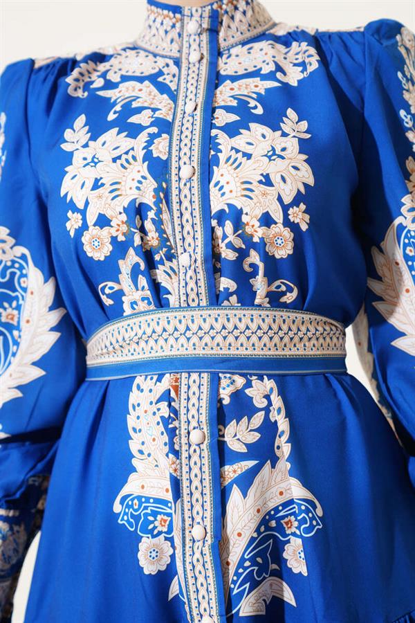Belted Retro Pattern Buttoned Dress in Saxe