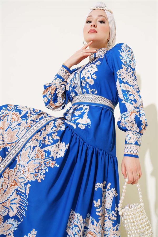 Belted Retro Pattern Buttoned Dress in Saxe