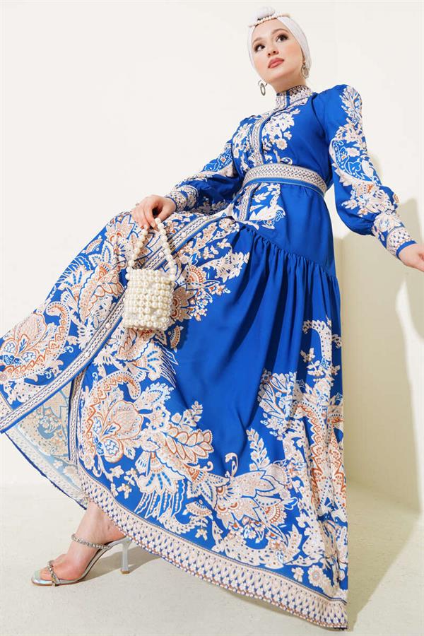 Belted Retro Pattern Buttoned Dress in Saxe