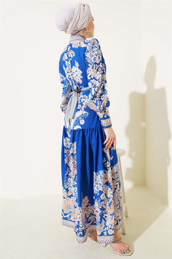 Belted Retro Pattern Buttoned Dress in Saxe