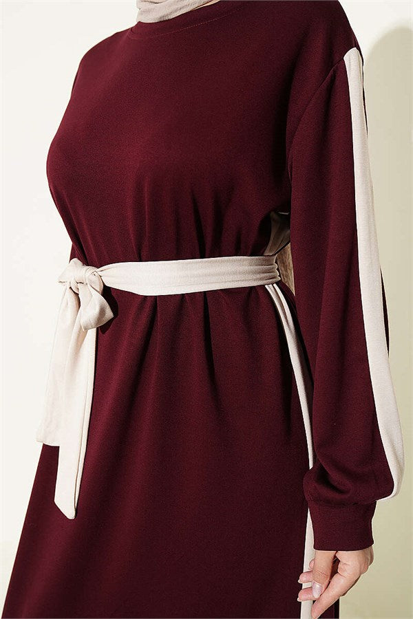 Burgundy Dress with Belt and Ribbon Detail