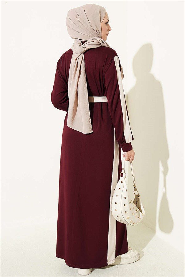 Burgundy Dress with Belt and Ribbon Detail