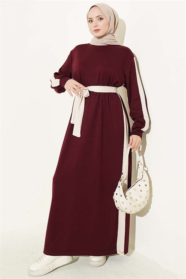 Burgundy Dress with Belt and Ribbon Detail
