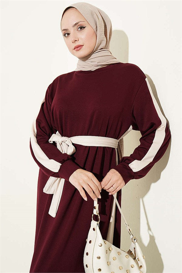 Burgundy Dress with Belt and Ribbon Detail