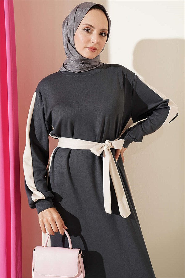 Belted Dress with Ribbon Detail, Smoke Grey
