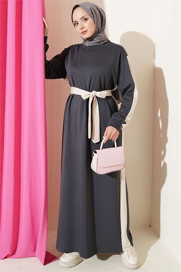 Belted Dress with Ribbon Detail, Smoke Grey