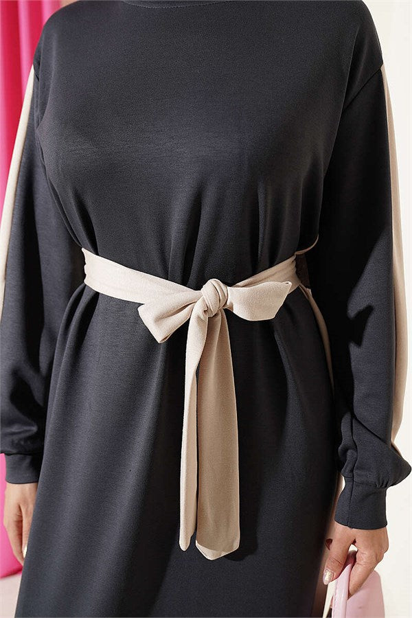 Belted Dress with Ribbon Detail, Smoke Grey