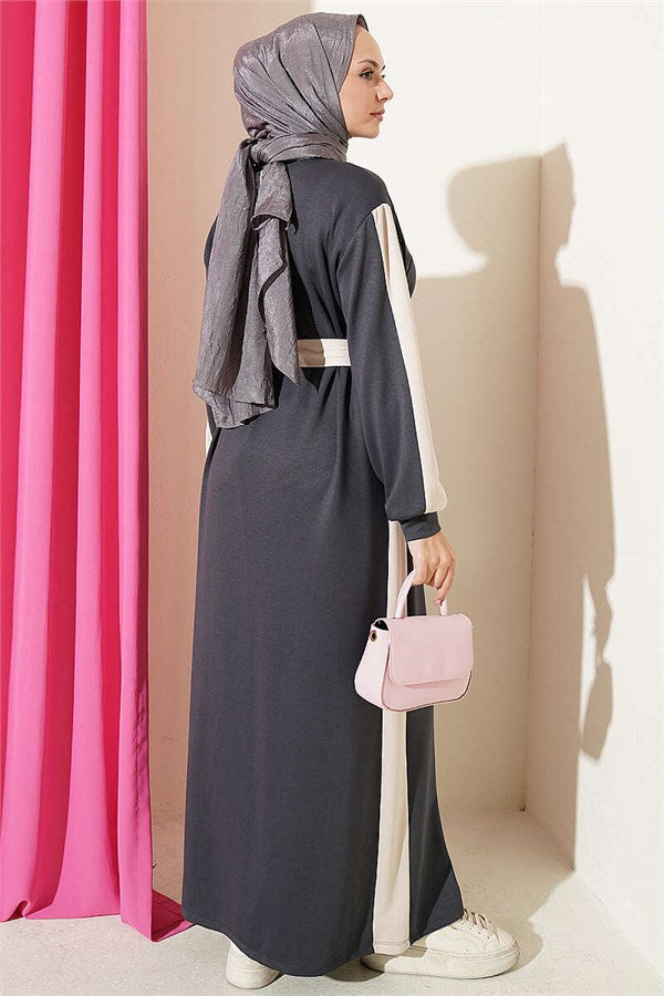 Belted Dress with Ribbon Detail, Smoke Grey