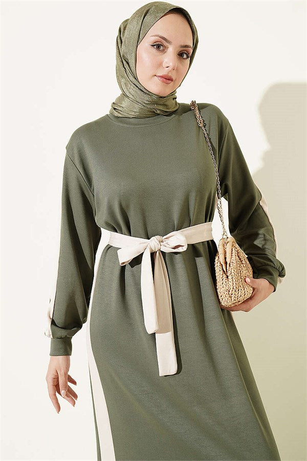 Belted Dress with Ribbon Detail, Khaki