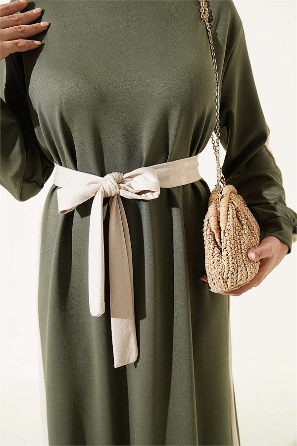 Belted Dress with Ribbon Detail, Khaki