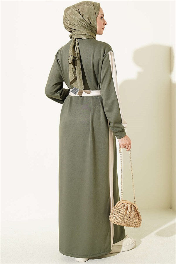 Belted Dress with Ribbon Detail, Khaki