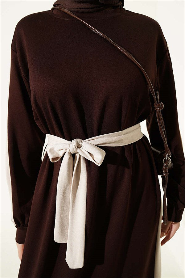 Belted Dress with Ribbon Detail, Brown