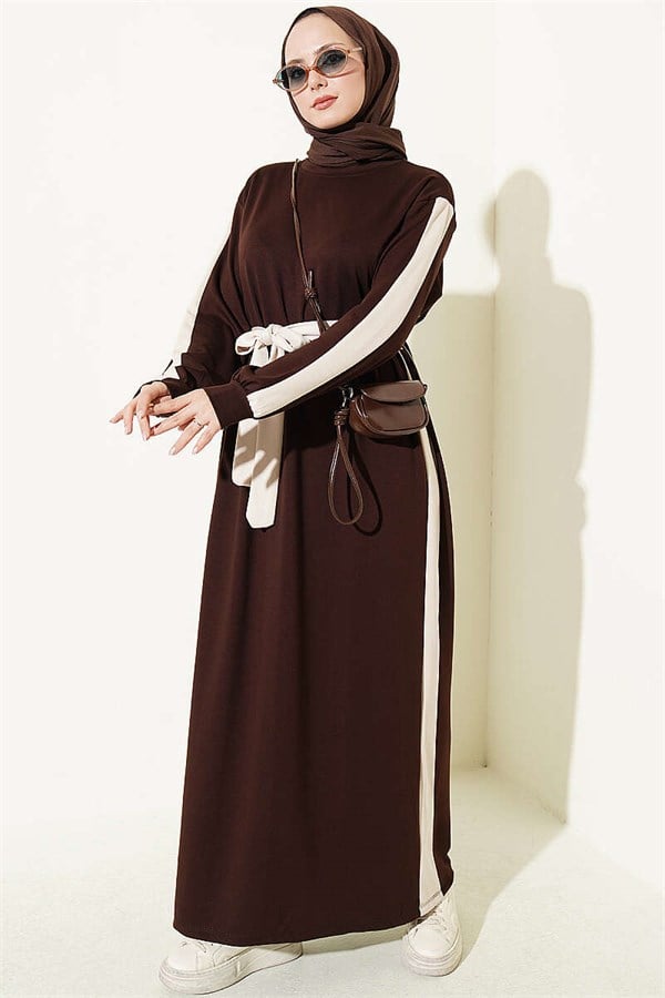 Belted Dress with Ribbon Detail, Brown