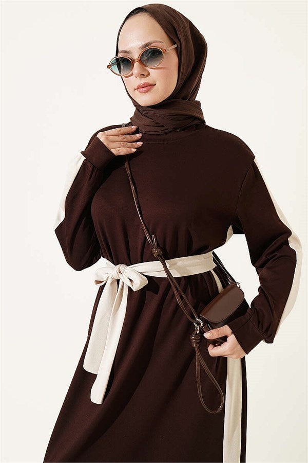 Belted Dress with Ribbon Detail, Brown