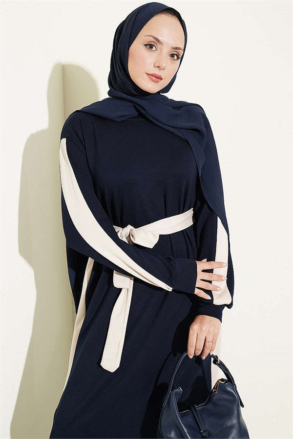 Navy Blue Dress with Belt and Ribbon Detail