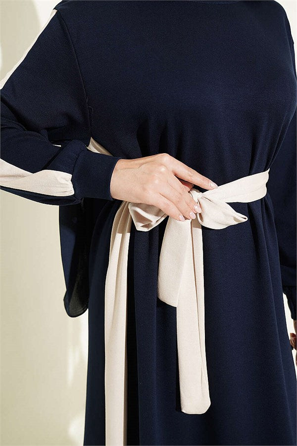 Navy Blue Dress with Belt and Ribbon Detail