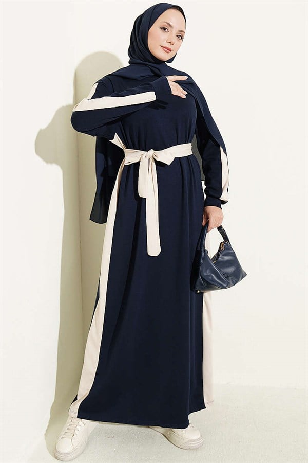 Navy Blue Dress with Belt and Ribbon Detail