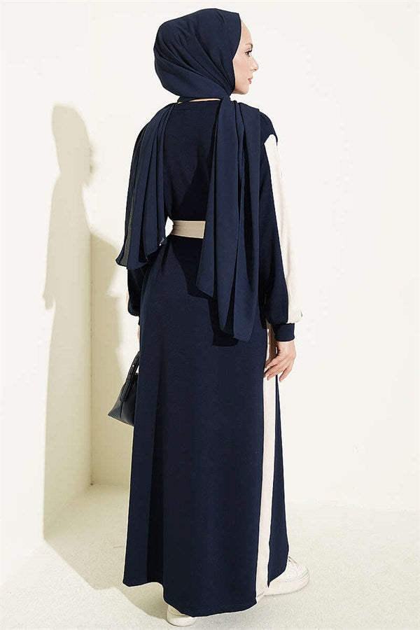 Navy Blue Dress with Belt and Ribbon Detail