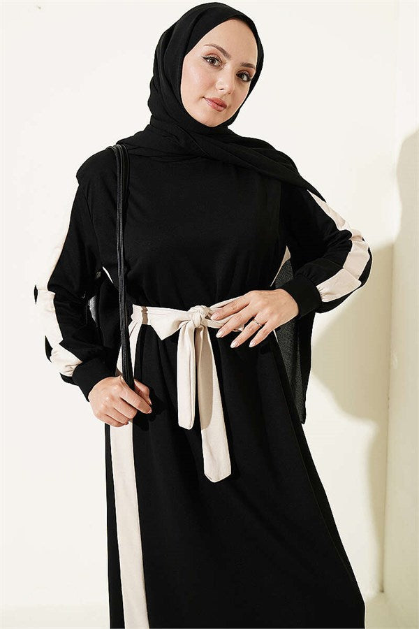 Belted Dress with Ribbon Detail, Black
