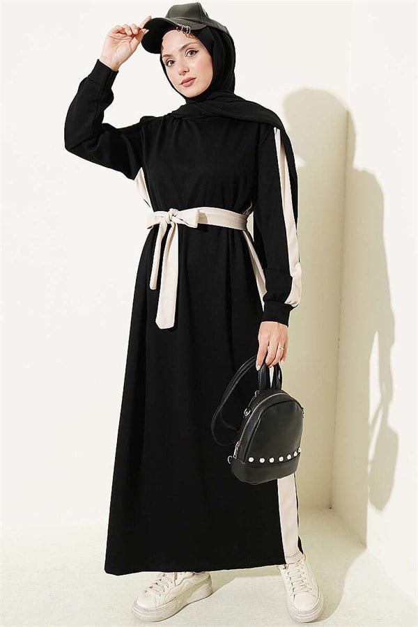 Belted Dress with Ribbon Detail, Black