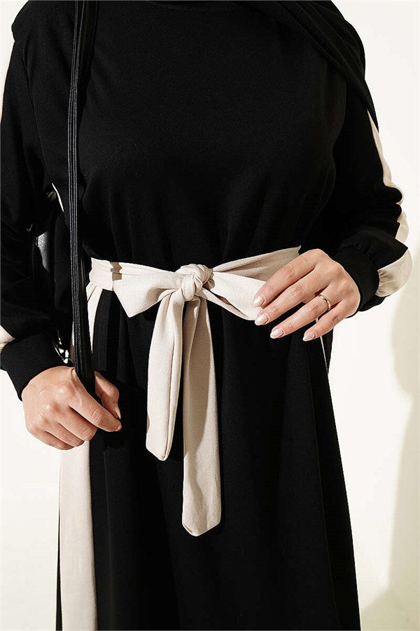 Belted Dress with Ribbon Detail, Black