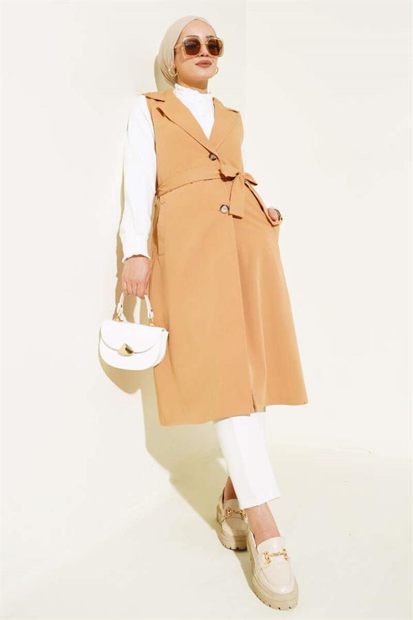 Belted Zero Sleeve Trench Coat Camel