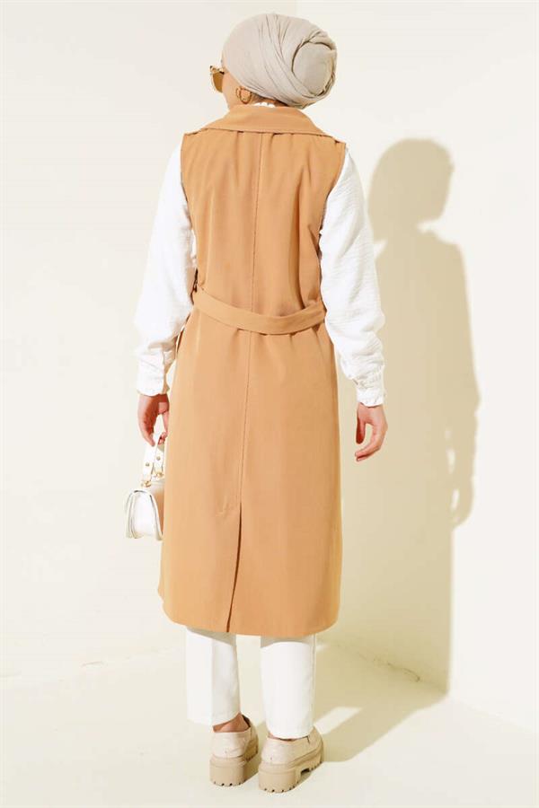 Belted Zero Sleeve Trench Coat Camel