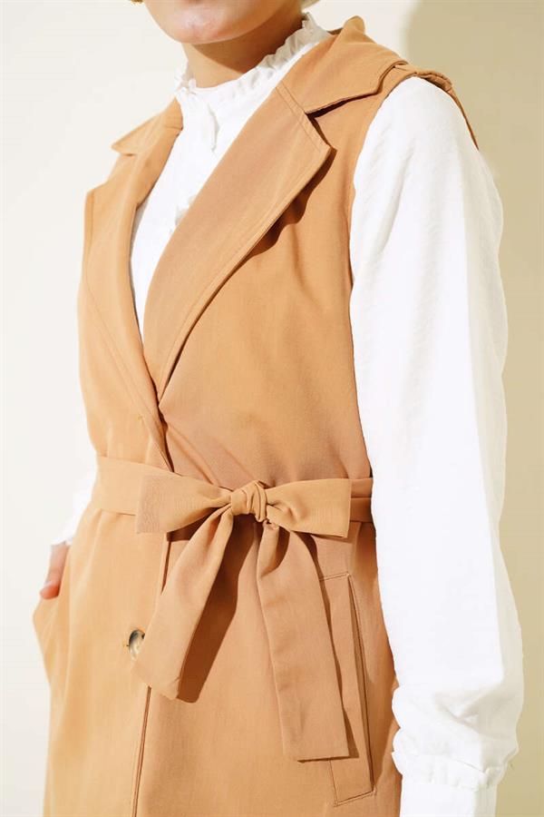 Belted Zero Sleeve Trench Coat Camel