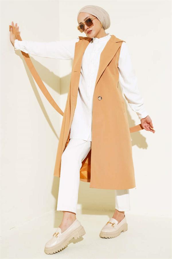 Belted Zero Sleeve Trench Coat Camel