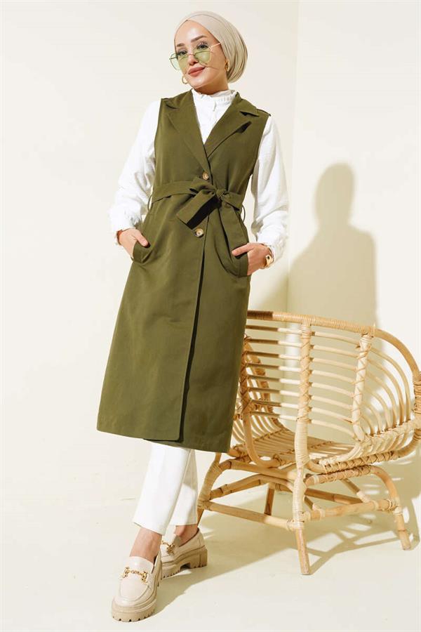 Belted Zero Sleeve Trench Coat Khaki