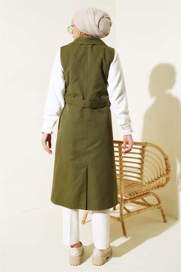 Belted Zero Sleeve Trench Coat Khaki