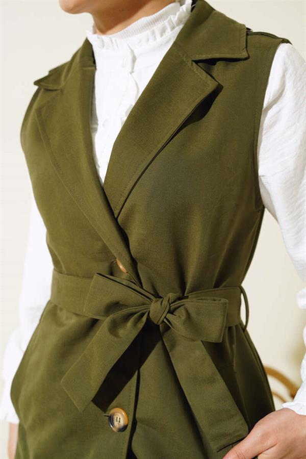 Belted Zero Sleeve Trench Coat Khaki