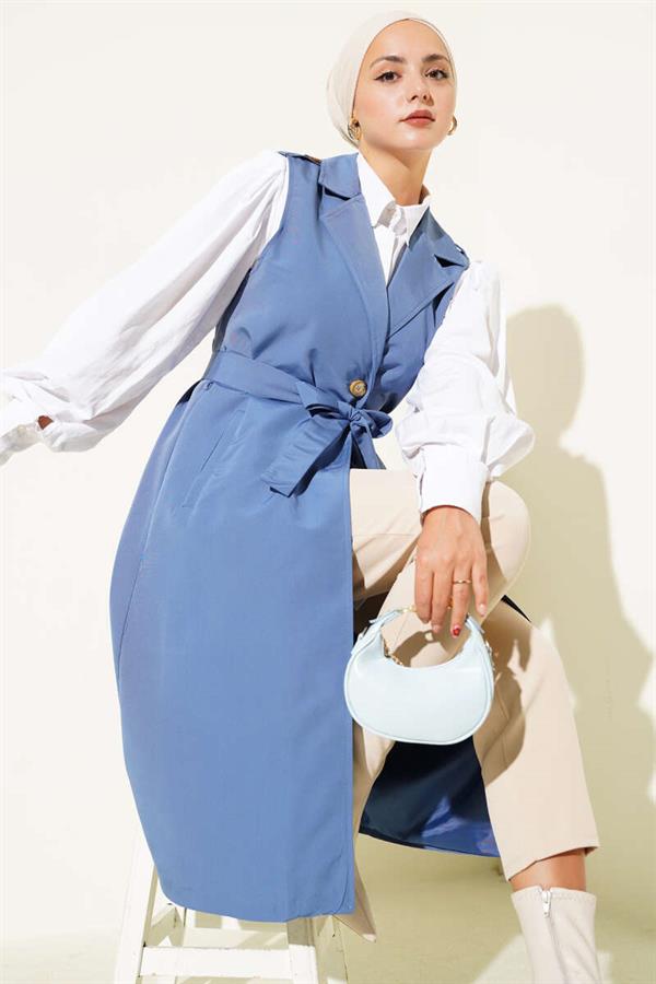Belted Zero Sleeve Trench Coat Indigo