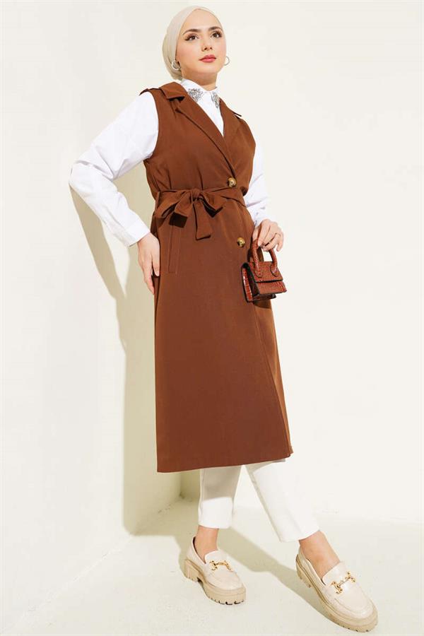 Belted Zero Sleeve Trench Coat Brown