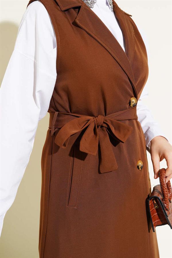 Belted Zero Sleeve Trench Coat Brown