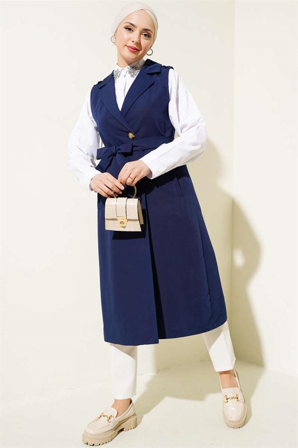 Belted Zero Sleeve Trench Coat Navy Blue
