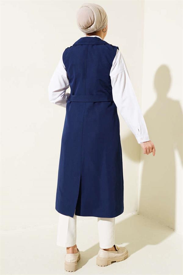 Belted Zero Sleeve Trench Coat Navy Blue