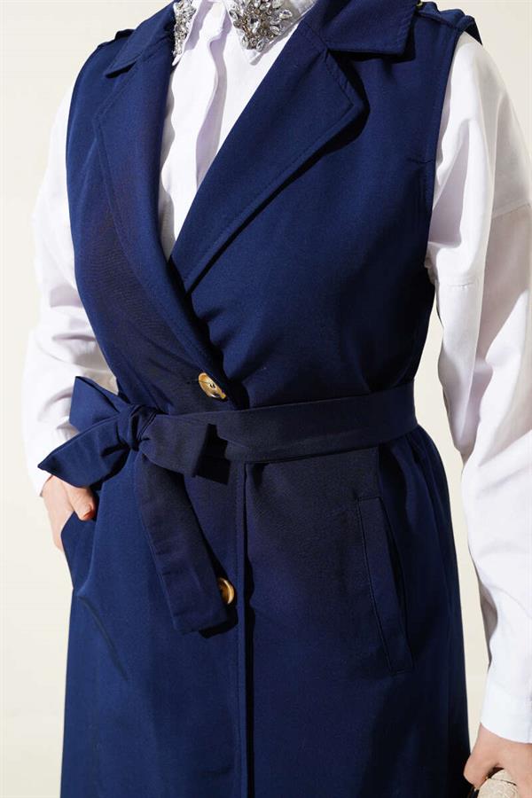 Belted Zero Sleeve Trench Coat Navy Blue