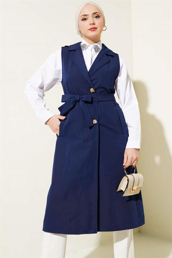Belted Zero Sleeve Trench Coat Navy Blue